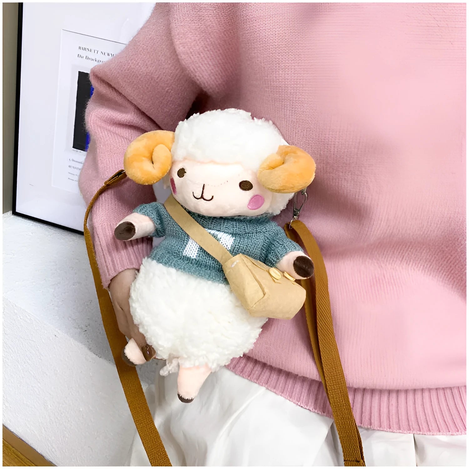 Little Sheep plush crossbody bag in blue or khaki with lamb pattern and zip pocket