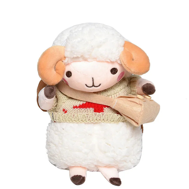 Little Sheep plush crossbody bag in blue or khaki with lamb pattern and zip pocket