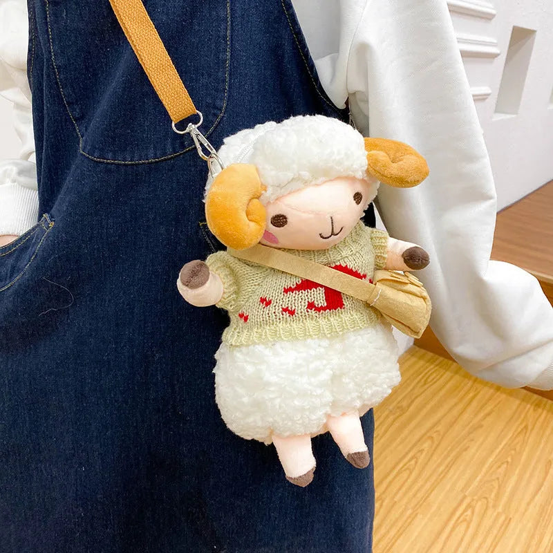 Little Sheep plush crossbody bag in blue or khaki with lamb pattern and zip pocket