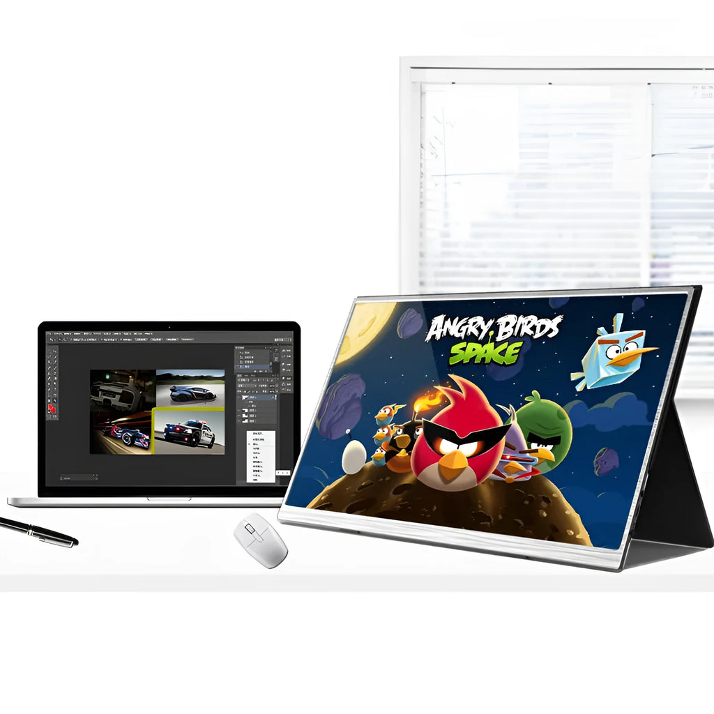 15-inch ultra-thin portable gaming monitor on a table with HDMI and USB cables.