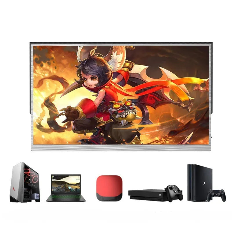 15-inch ultra-thin portable gaming monitor on a table with HDMI and USB cables.