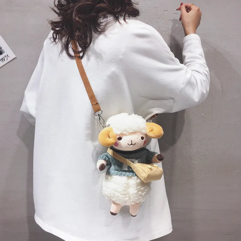 Little Sheep plush crossbody bag in blue or khaki with lamb pattern and zip pocket