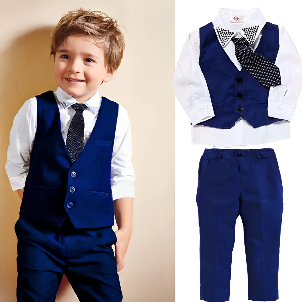 Blue boys' smart casual clothing set with turtleneck, waistcoat, tie, and trousers on a hanger