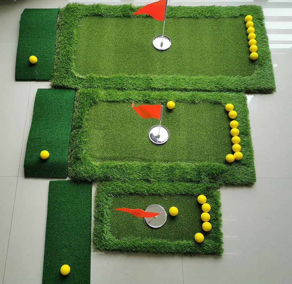 Green synthetic grass golf training mat on a high-elastic EVA base shown in a customisable size.