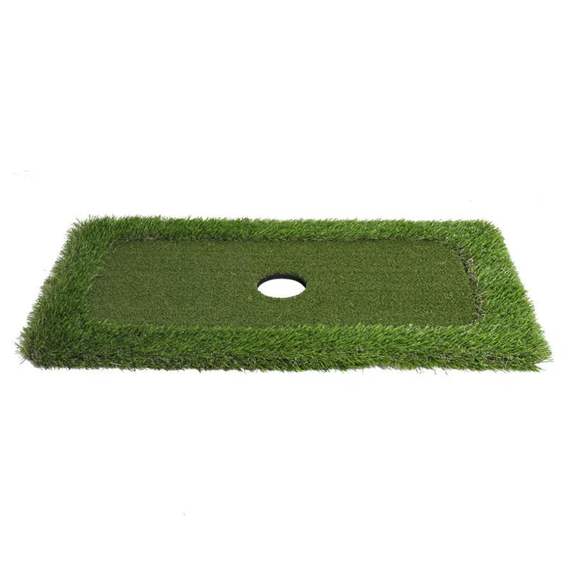 Green synthetic grass golf training mat on a high-elastic EVA base shown in a customisable size.