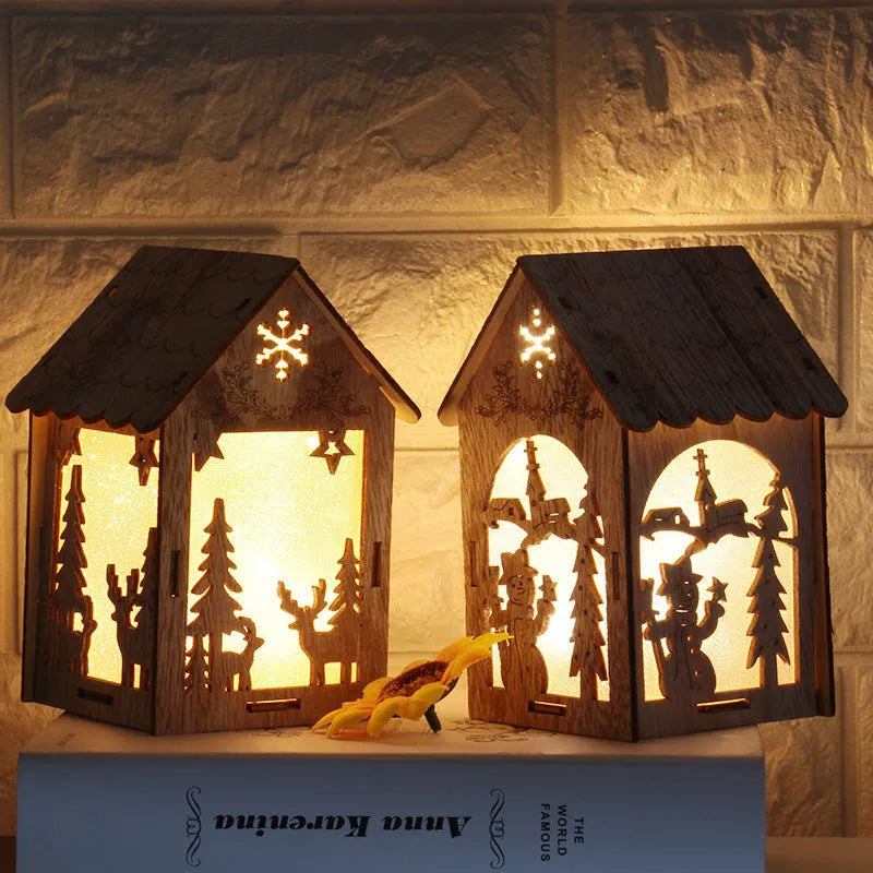Set of three wooden Christmas house decorations with snowman and Santa figures in natural wood colour