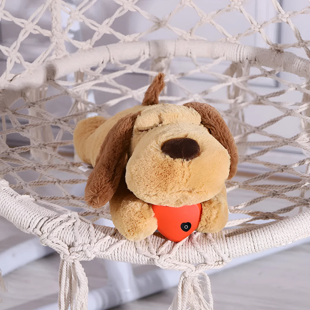 Brown plush dog toy with heartbeat for puppy anxiety relief and sleeping comfort
