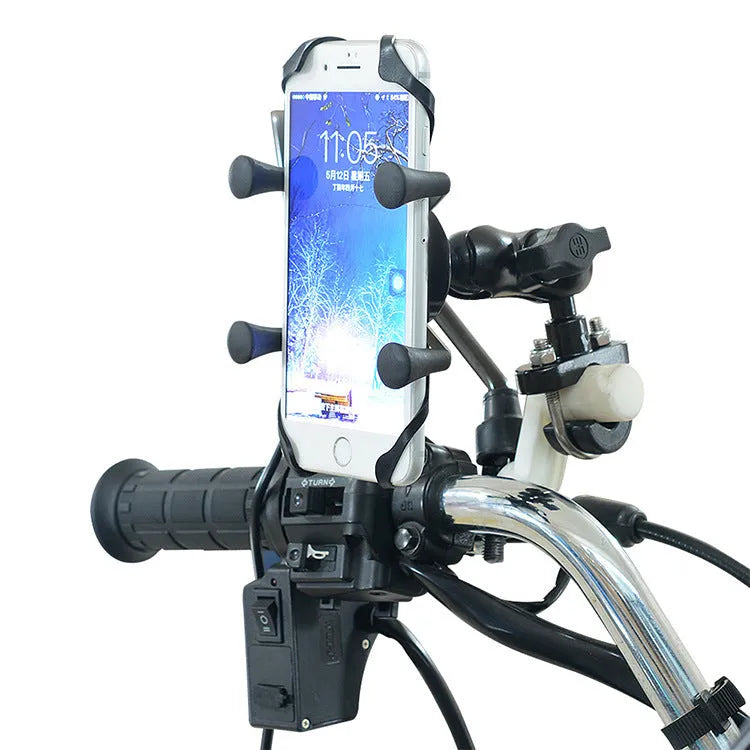 Black aluminium alloy motorcycle phone bracket mounted on handlebar with adjustable phone holder