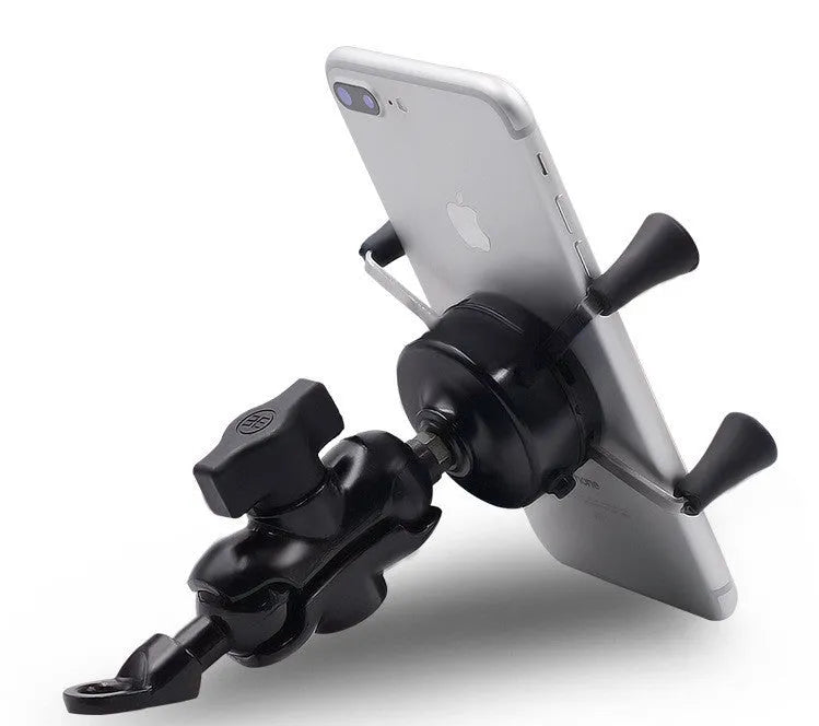 Black aluminium alloy motorcycle phone bracket mounted on handlebar with adjustable phone holder