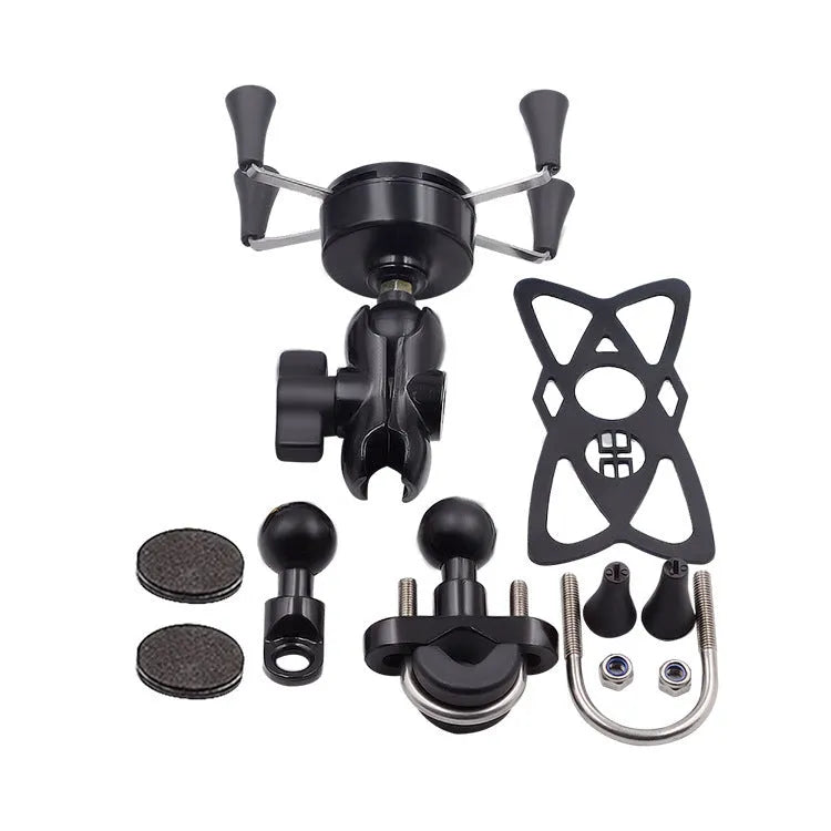 Black aluminium alloy motorcycle phone bracket mounted on handlebar with adjustable phone holder