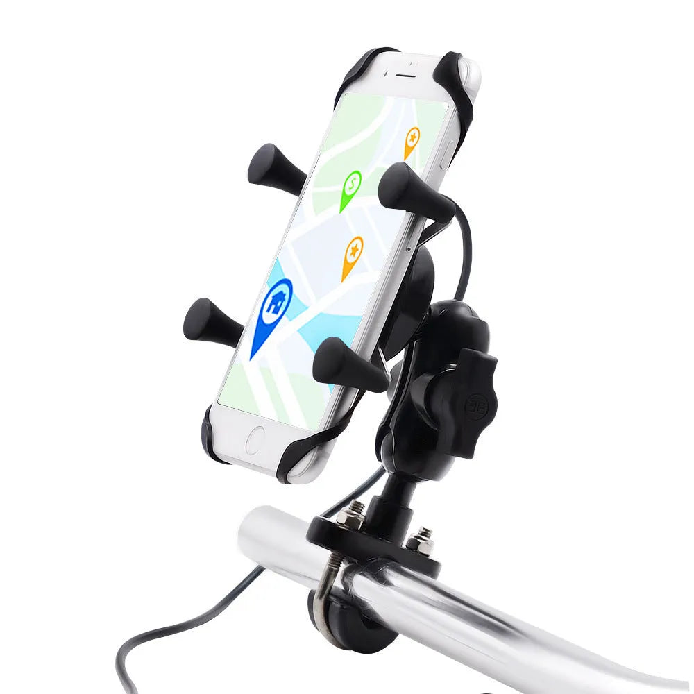 Black aluminium alloy motorcycle phone bracket mounted on handlebar with adjustable phone holder