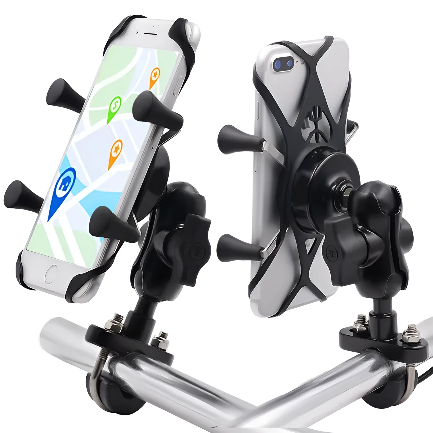 Black aluminium alloy motorcycle phone bracket mounted on handlebar with adjustable phone holder
