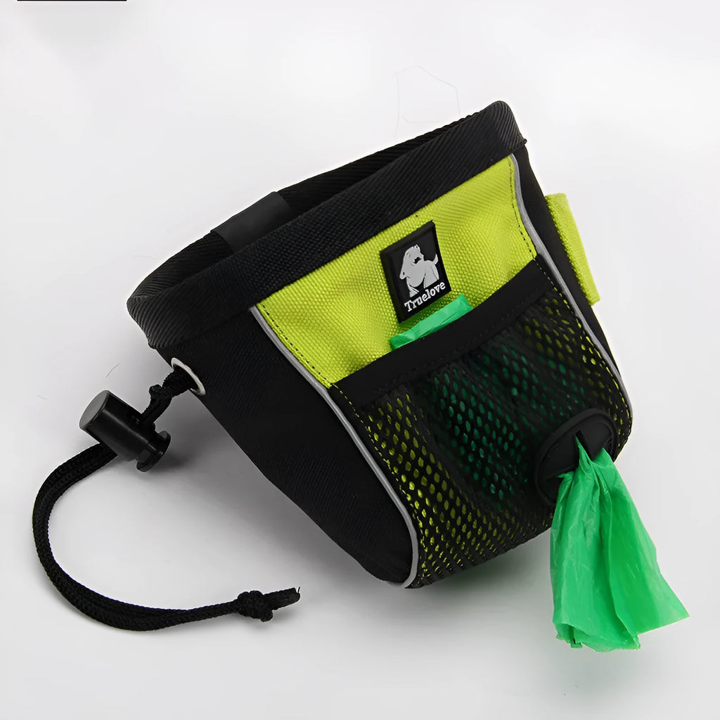 Dog training waist bag in orange or green with removable waste compartment and button fastening