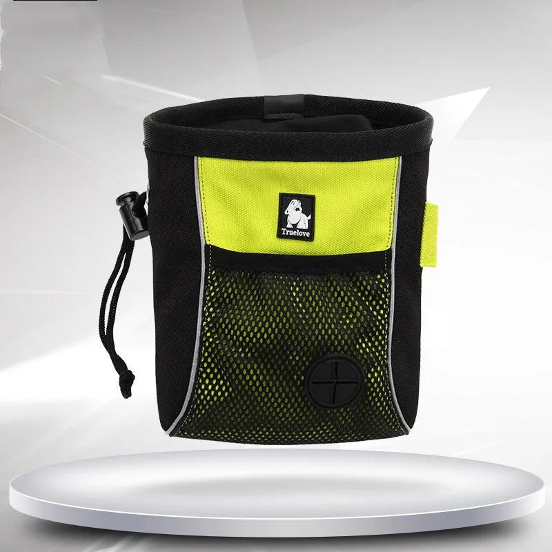 Dog training waist bag in orange or green with removable waste compartment and button fastening