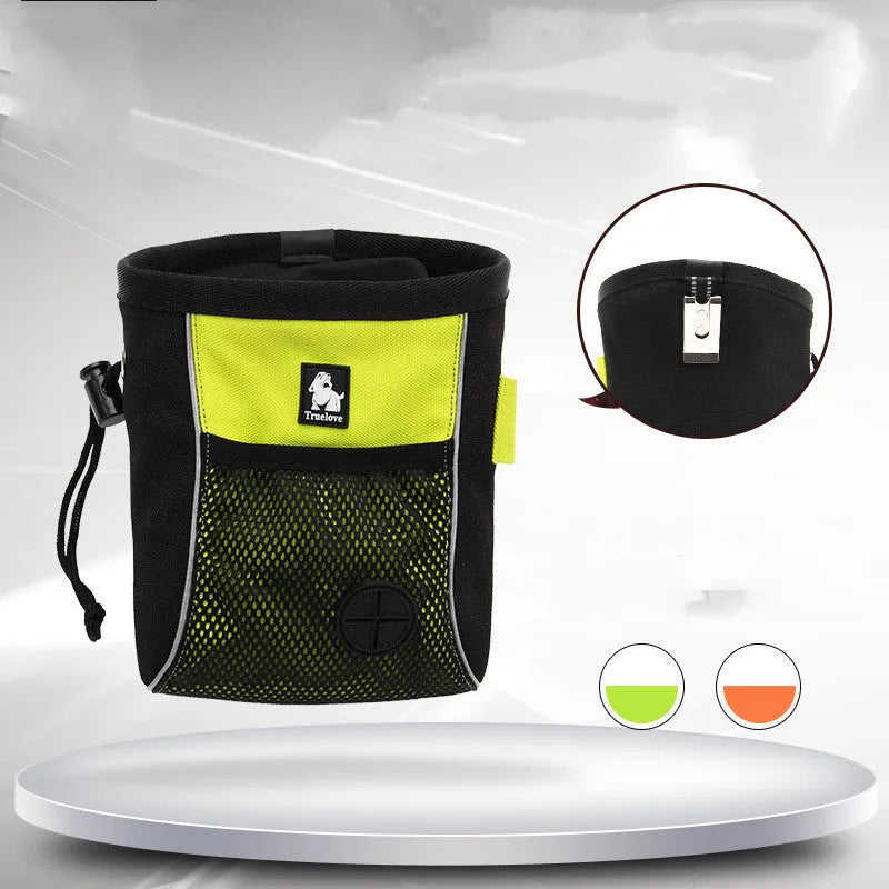 Dog training waist bag in orange or green with removable waste compartment and button fastening