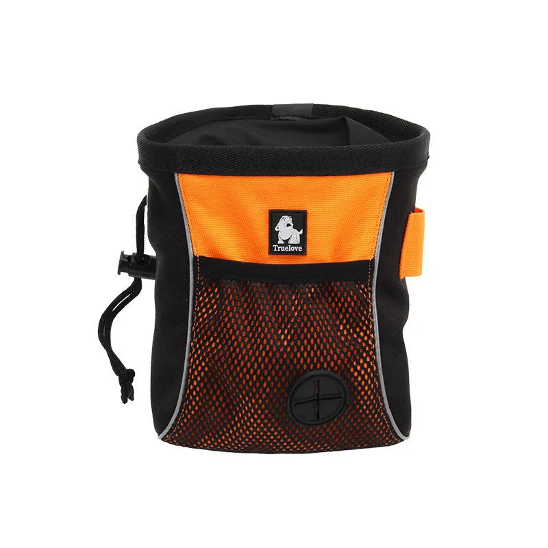 Dog training waist bag in orange or green with removable waste compartment and button fastening