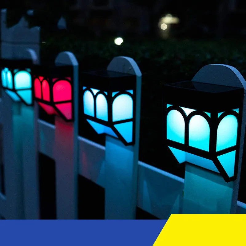Solar-powered outdoor wall lamp with LED light for garden or courtyard mounting.