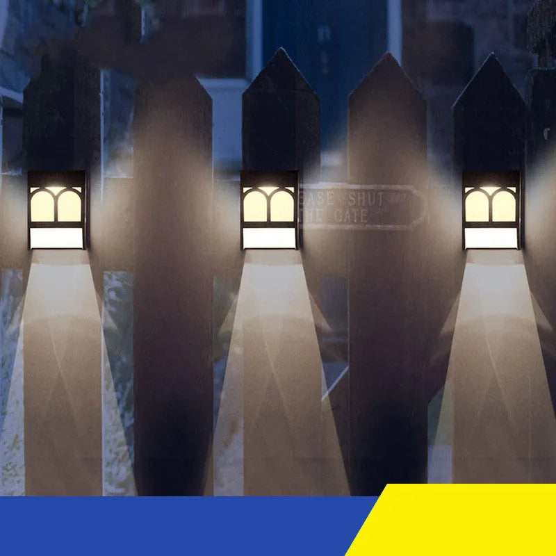 Solar-powered outdoor wall lamp with LED light for garden or courtyard mounting.