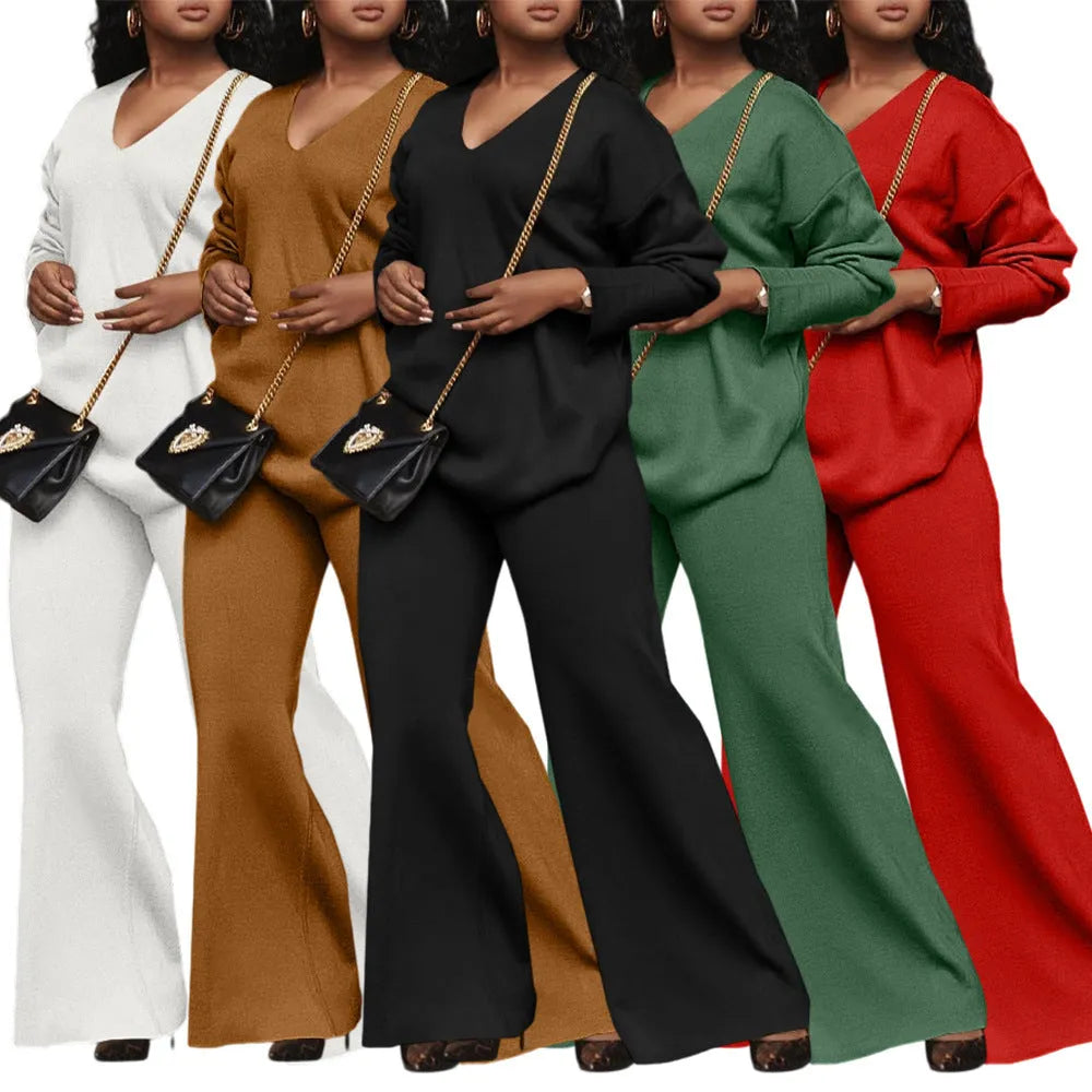 Women's brown casual suit with long sleeves and full-length trousers made from thickened deerskin velvet fabric.