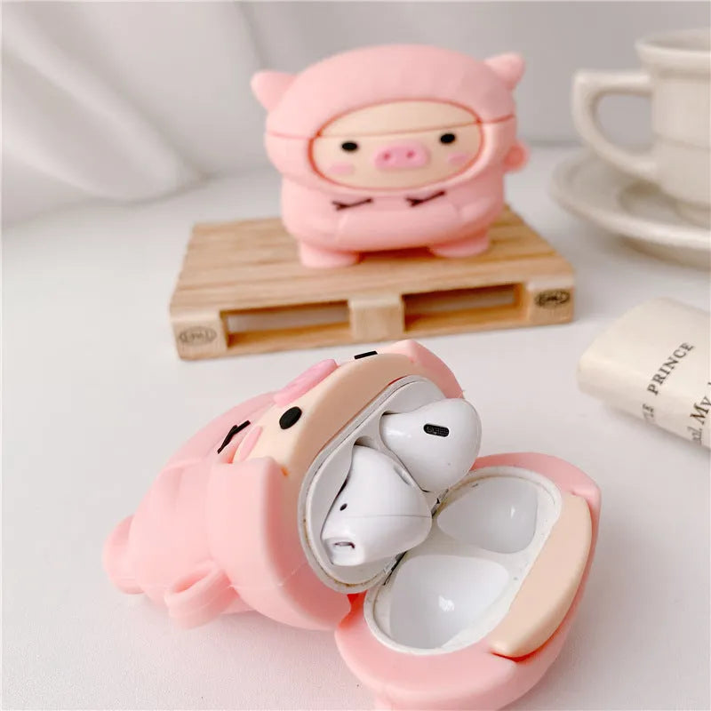 Pink cartoon pig silicone cover for AirPods case with carrying hook attached