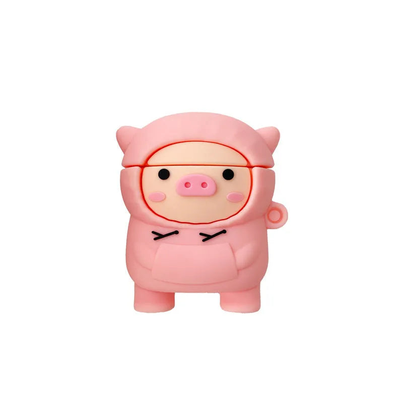 Pink cartoon pig silicone cover for AirPods case with carrying hook attached