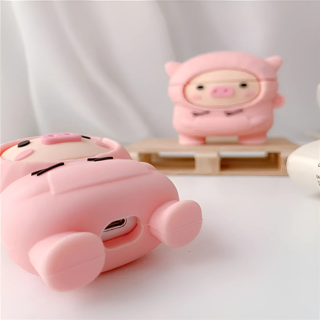 Pink cartoon pig silicone cover for AirPods case with carrying hook attached
