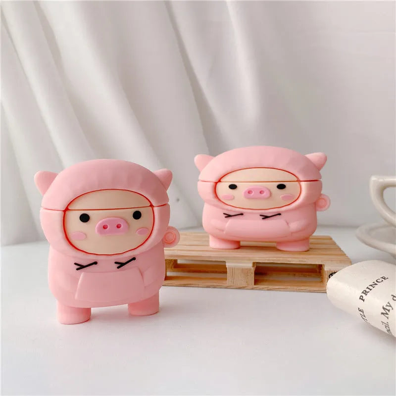 Pink cartoon pig silicone cover for AirPods case with carrying hook attached