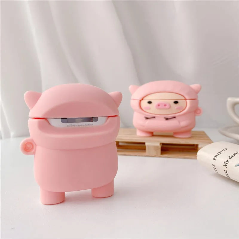 Pink cartoon pig silicone cover for AirPods case with carrying hook attached