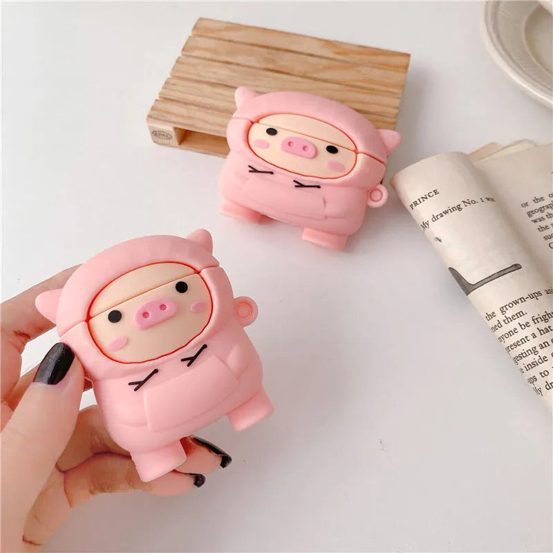 Pink cartoon pig silicone cover for AirPods case with carrying hook attached