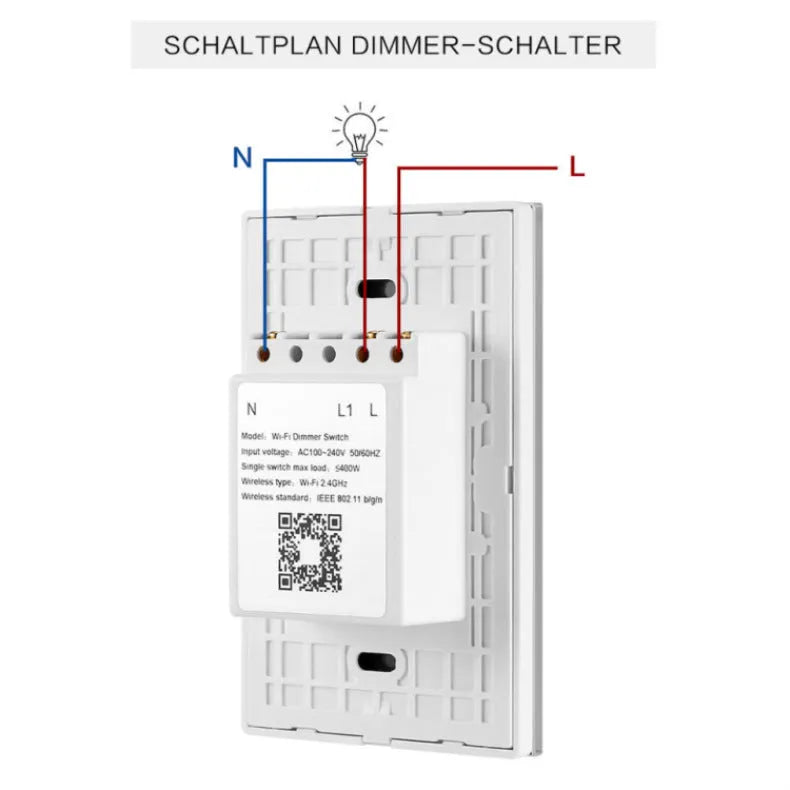 Black or white 120-type smart wifi dimmer switch with tempered glass touch panel.