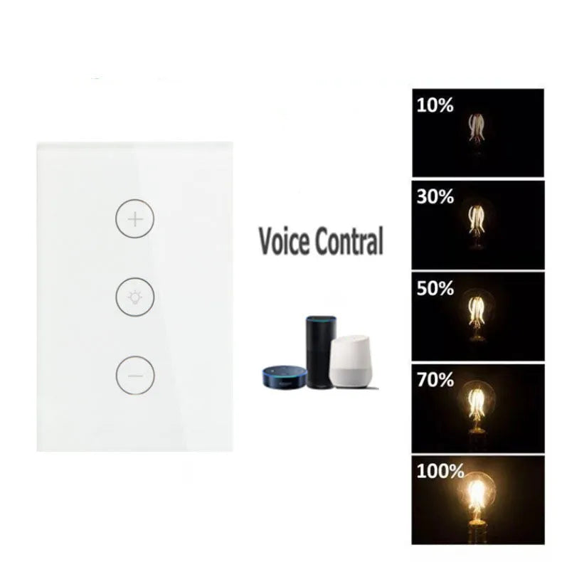 Black or white 120-type smart wifi dimmer switch with tempered glass touch panel.