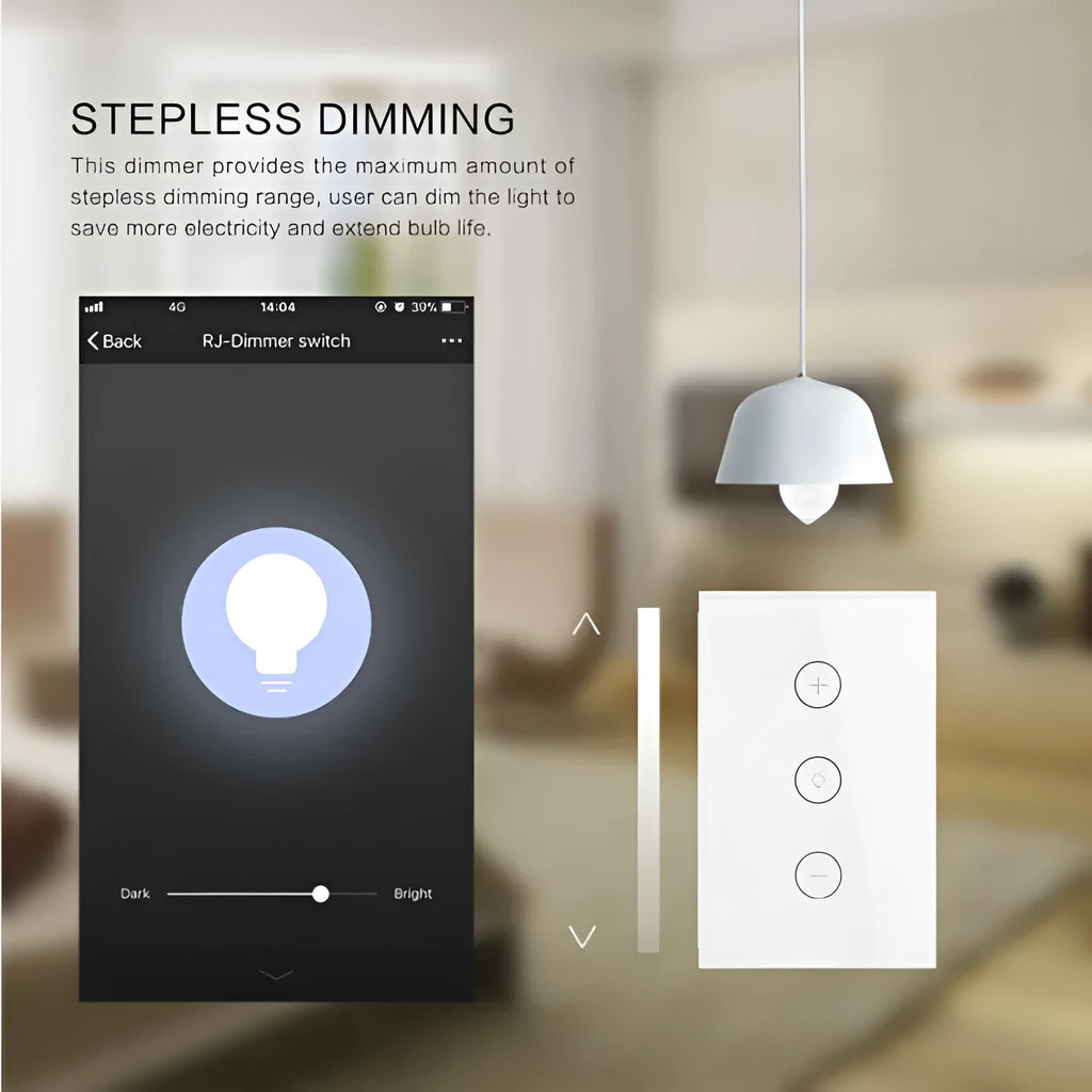 Black or white 120-type smart wifi dimmer switch with tempered glass touch panel.