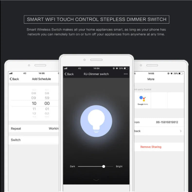 Black or white 120-type smart wifi dimmer switch with tempered glass touch panel.