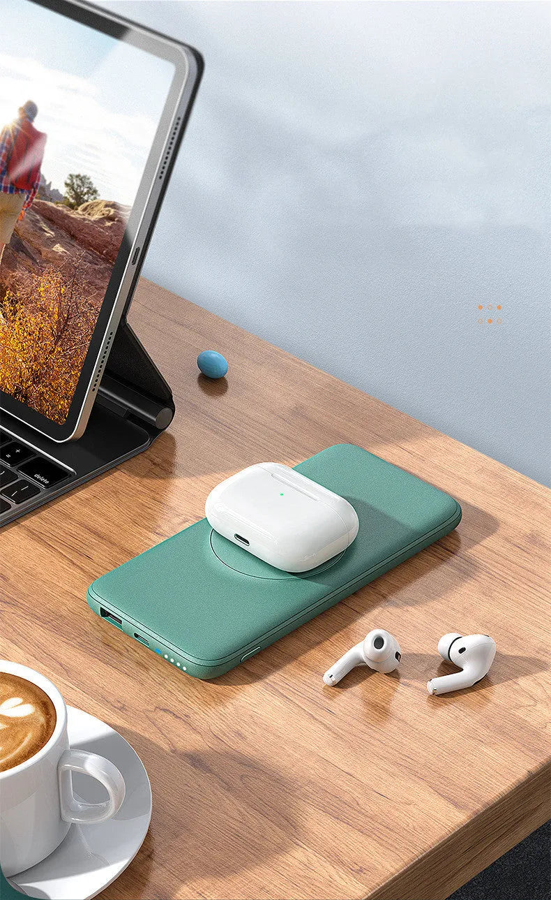 Maiduo MagSafe magnetic wireless charging power bank in mint green colour showing dimensions