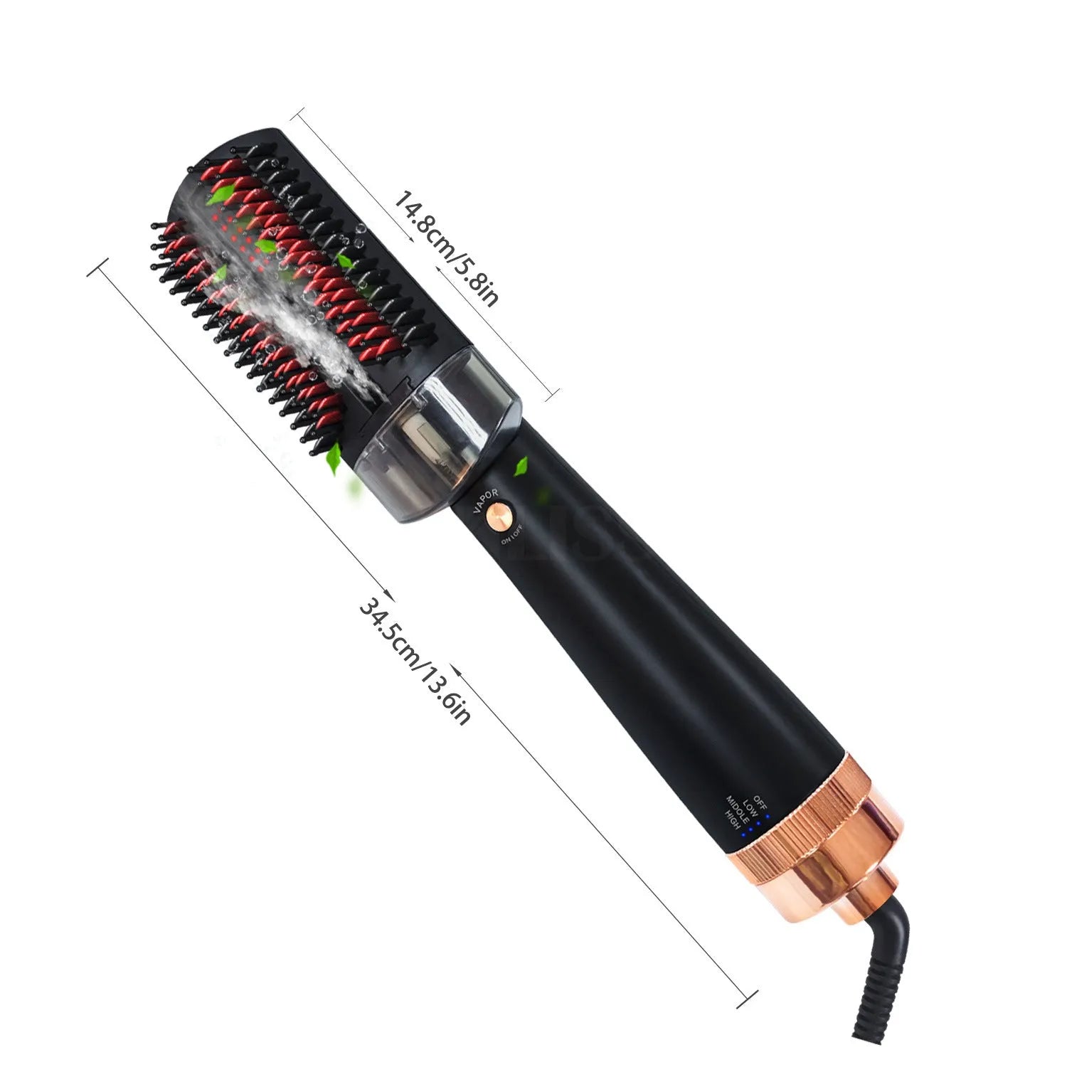 Black and pink hot air comb with tourmaline ceramic barrel, temperature dial, and infrared heat technology