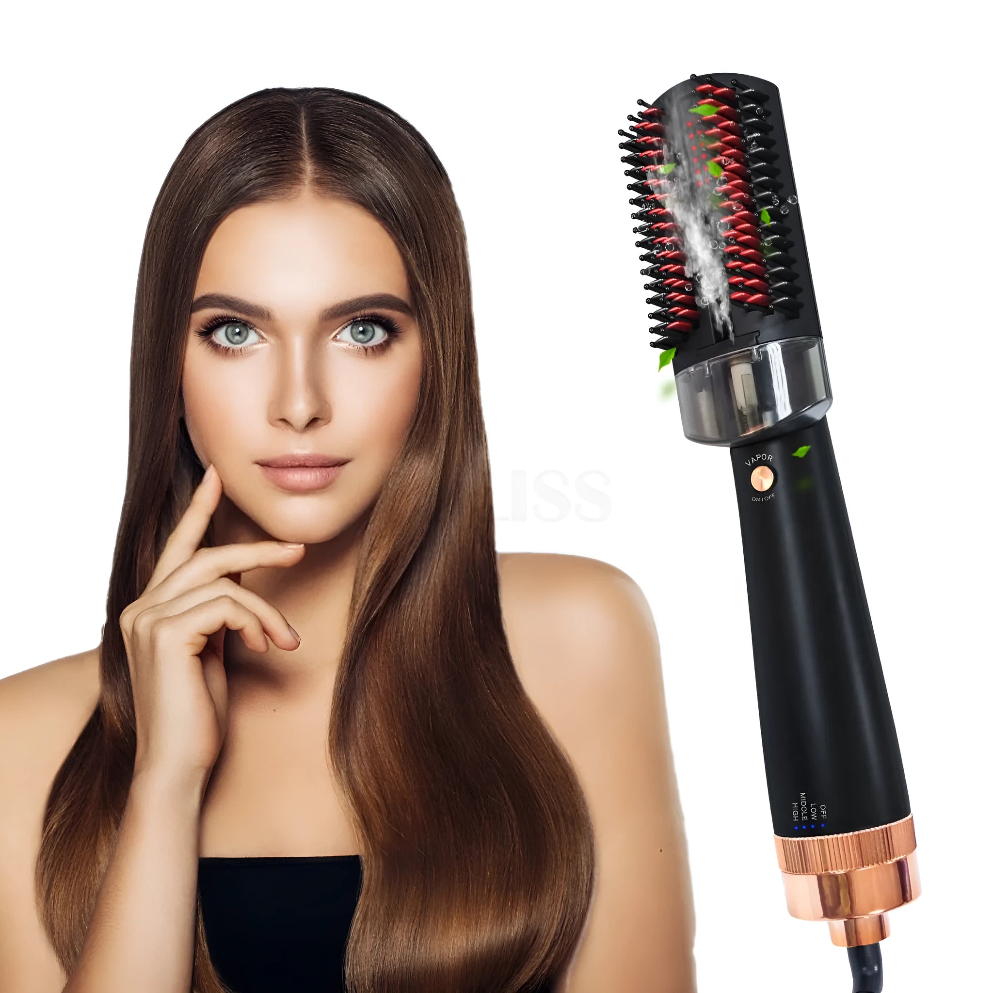 Black and pink hot air comb with tourmaline ceramic barrel, temperature dial, and infrared heat technology