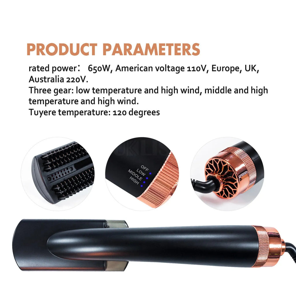 Black and pink hot air comb with tourmaline ceramic barrel, temperature dial, and infrared heat technology
