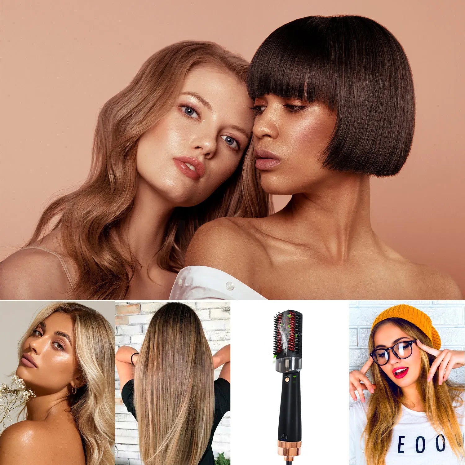 Black and pink hot air comb with tourmaline ceramic barrel, temperature dial, and infrared heat technology