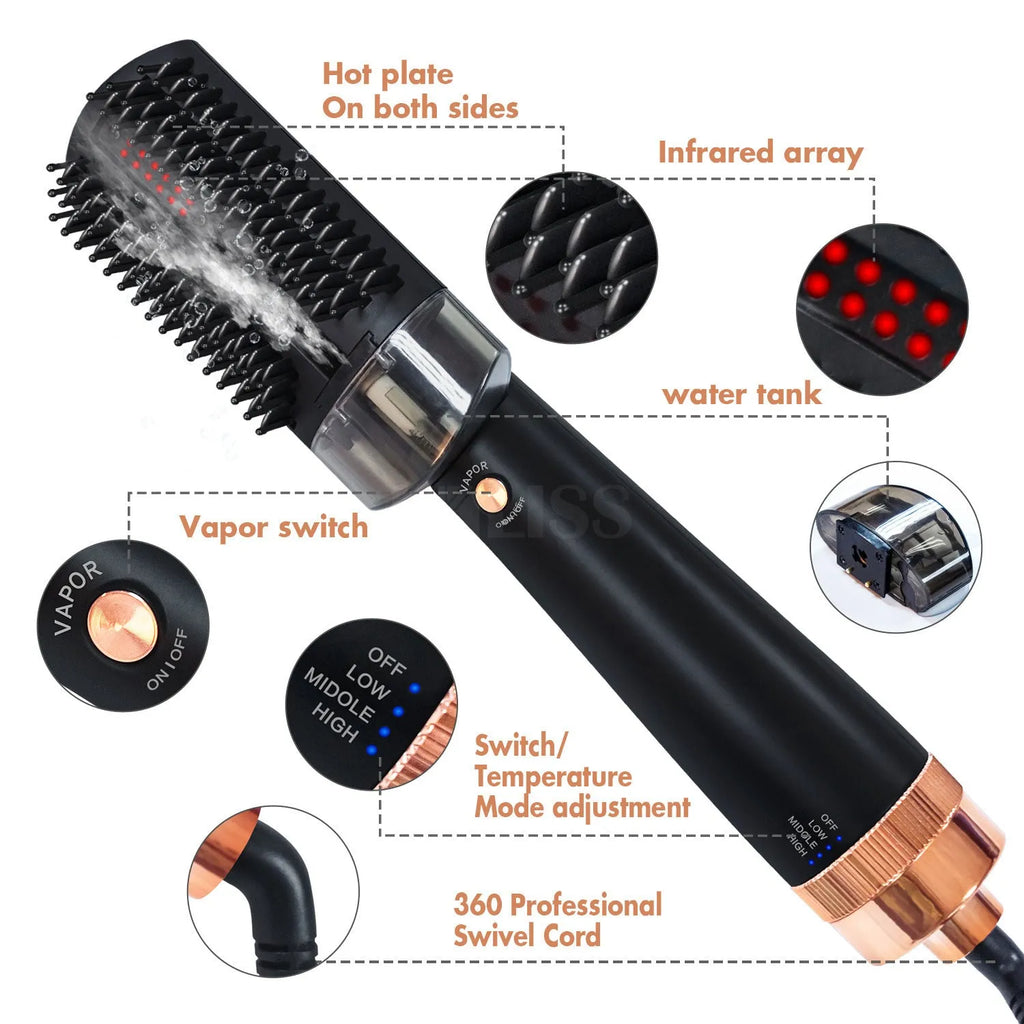 Black and pink hot air comb with tourmaline ceramic barrel, temperature dial, and infrared heat technology