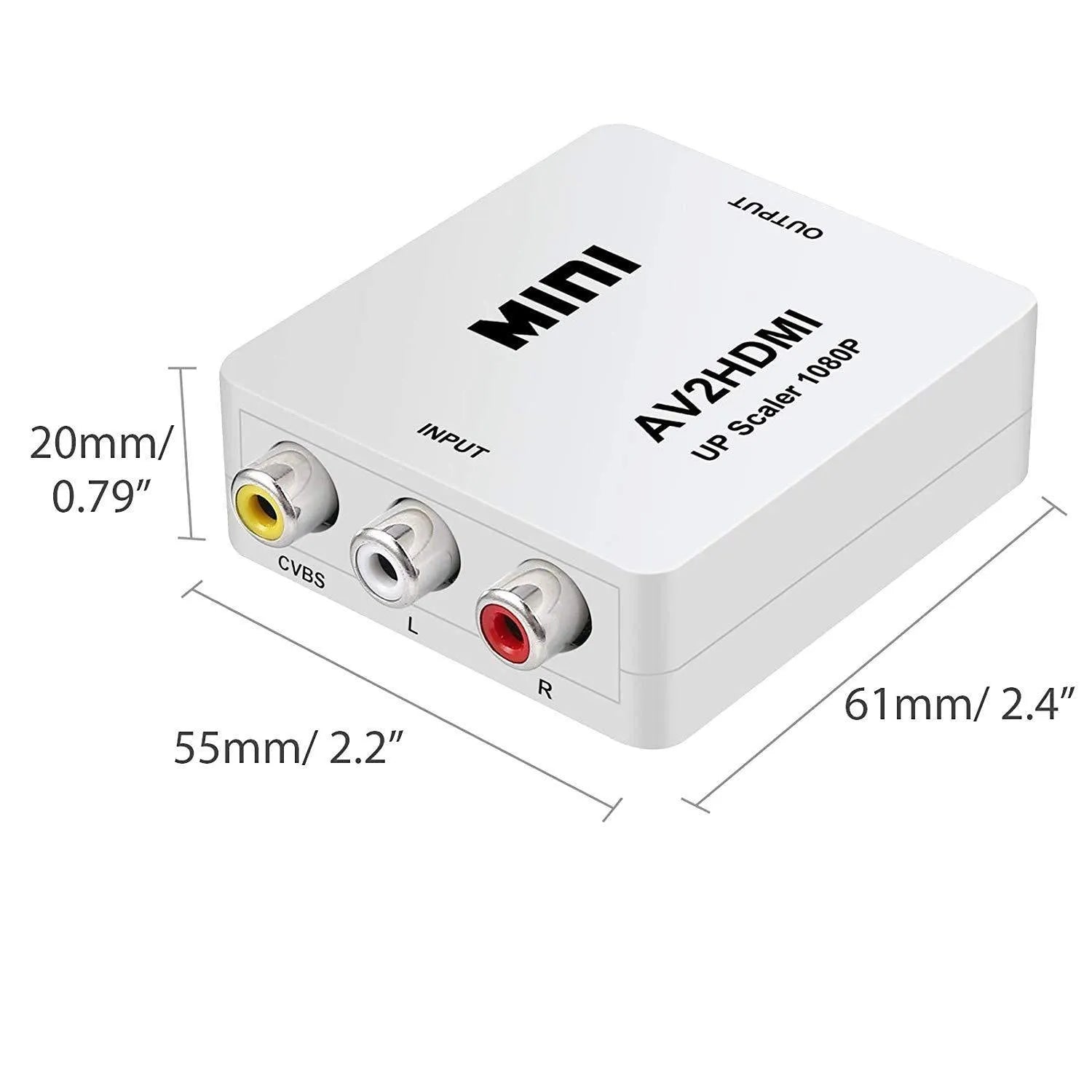 Compact white and black AV to HDMI video converter with 0.5 metre cable