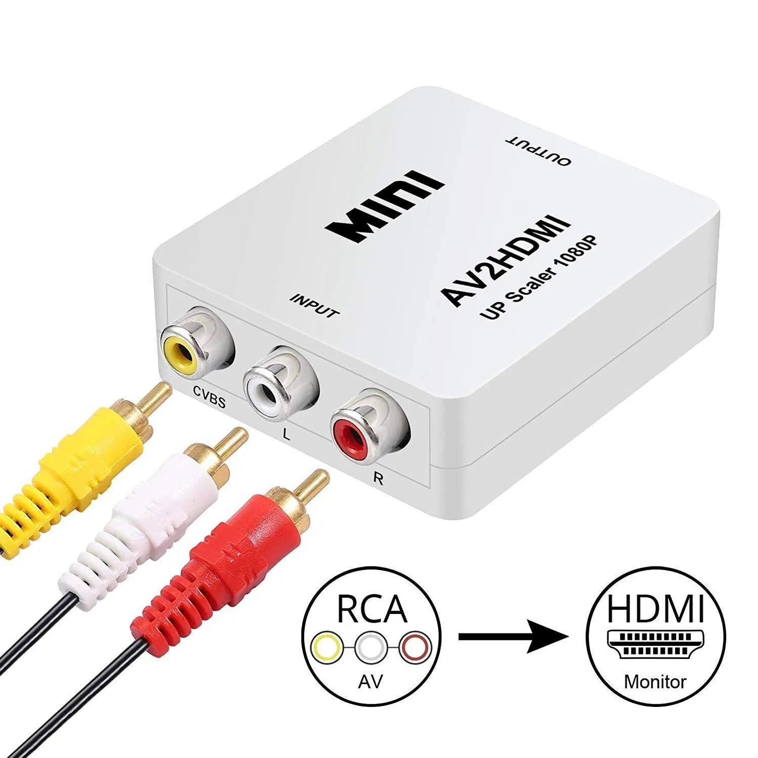 Compact white and black AV to HDMI video converter with 0.5 metre cable