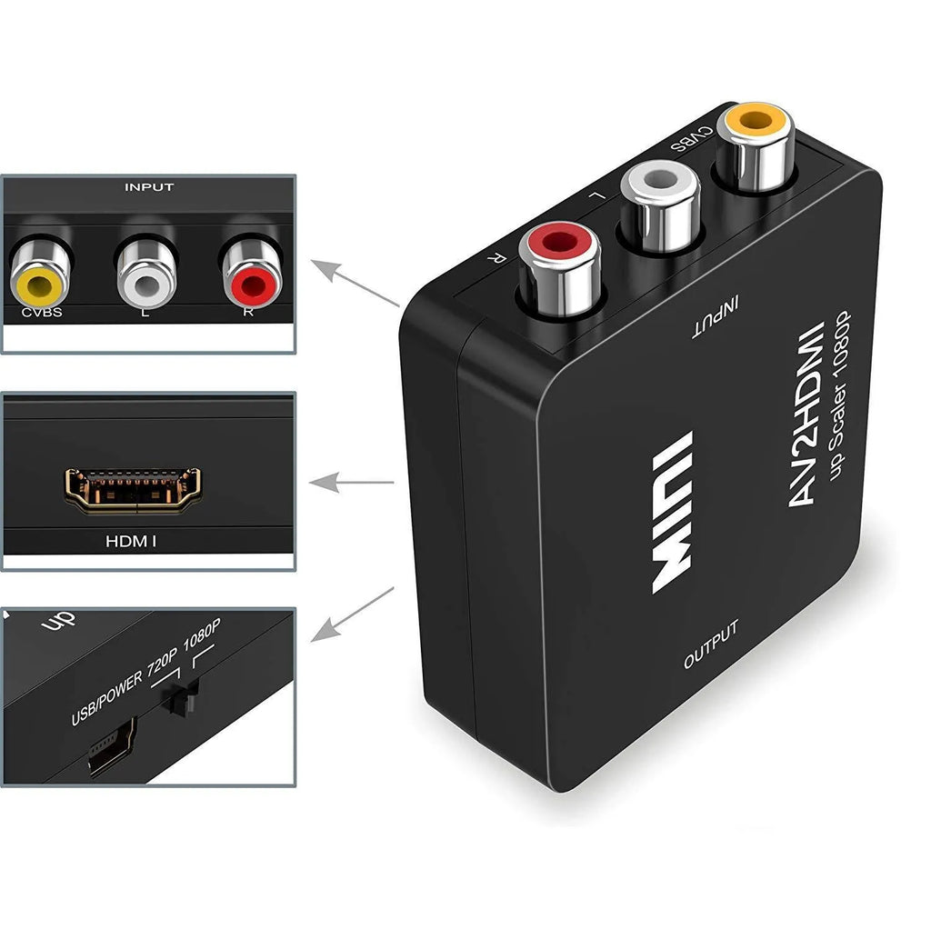 Compact white and black AV to HDMI video converter with 0.5 metre cable