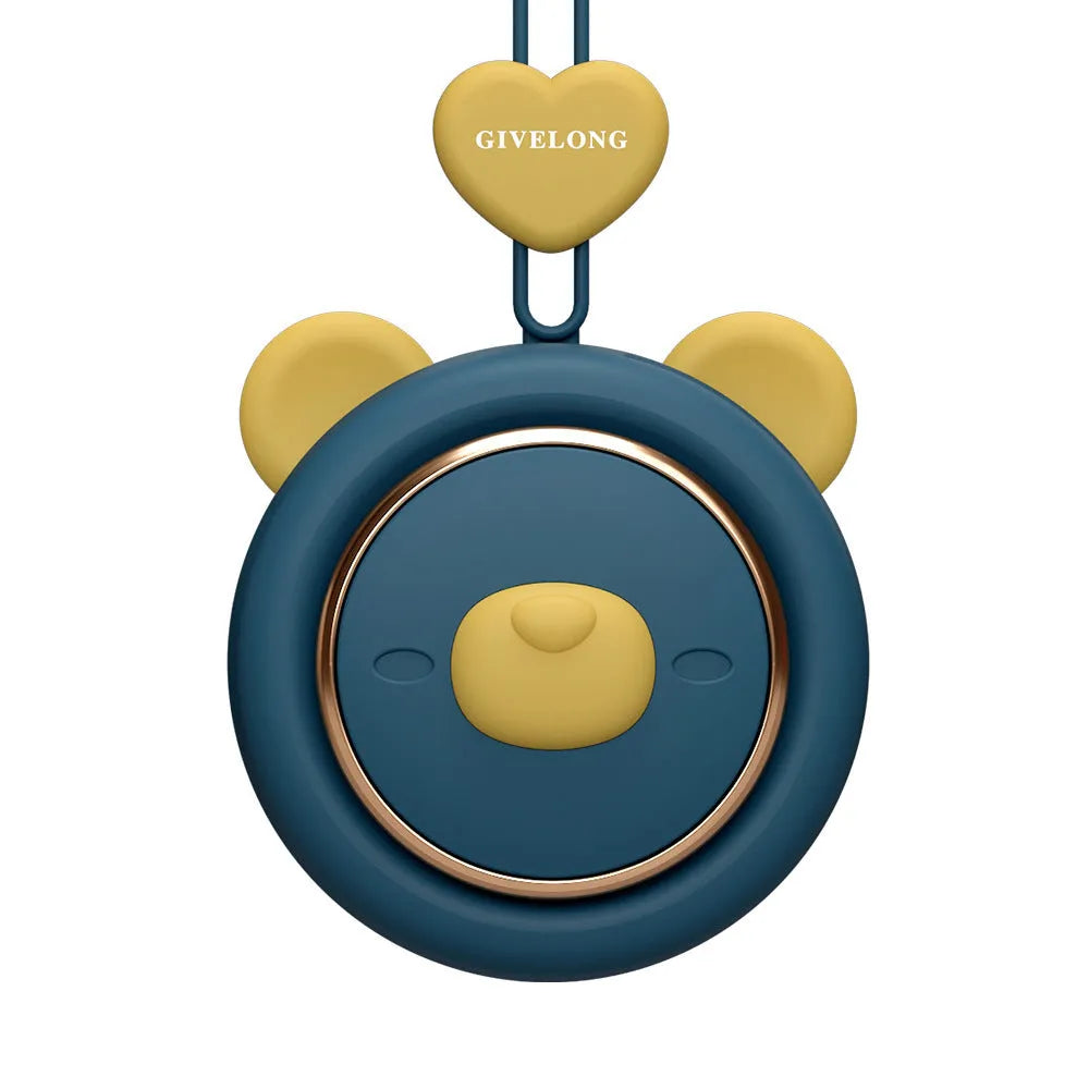 Mini bladeless neck band fan with hanging rope, showing blue colour variant and USB charging cable.