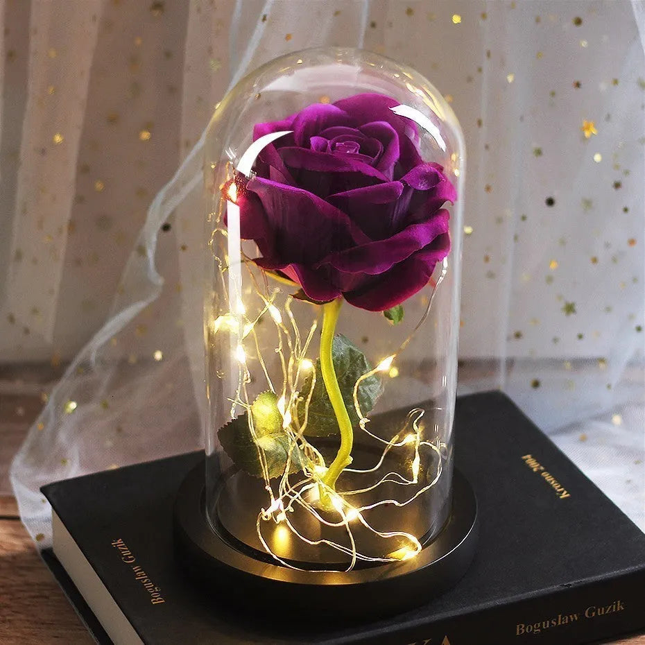 LED-lit silk rose bouquet under glass cover in various colours, 30cm centrepiece decoration