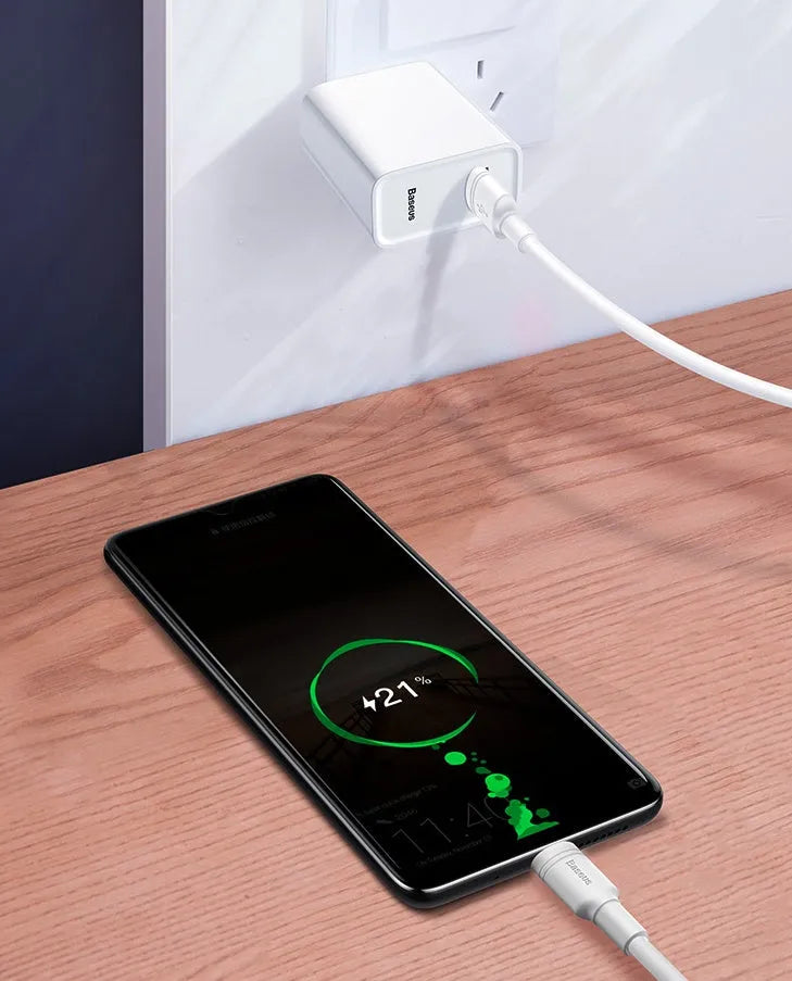 Black and white Android fast charging USB cable showing Micro USB connector.
