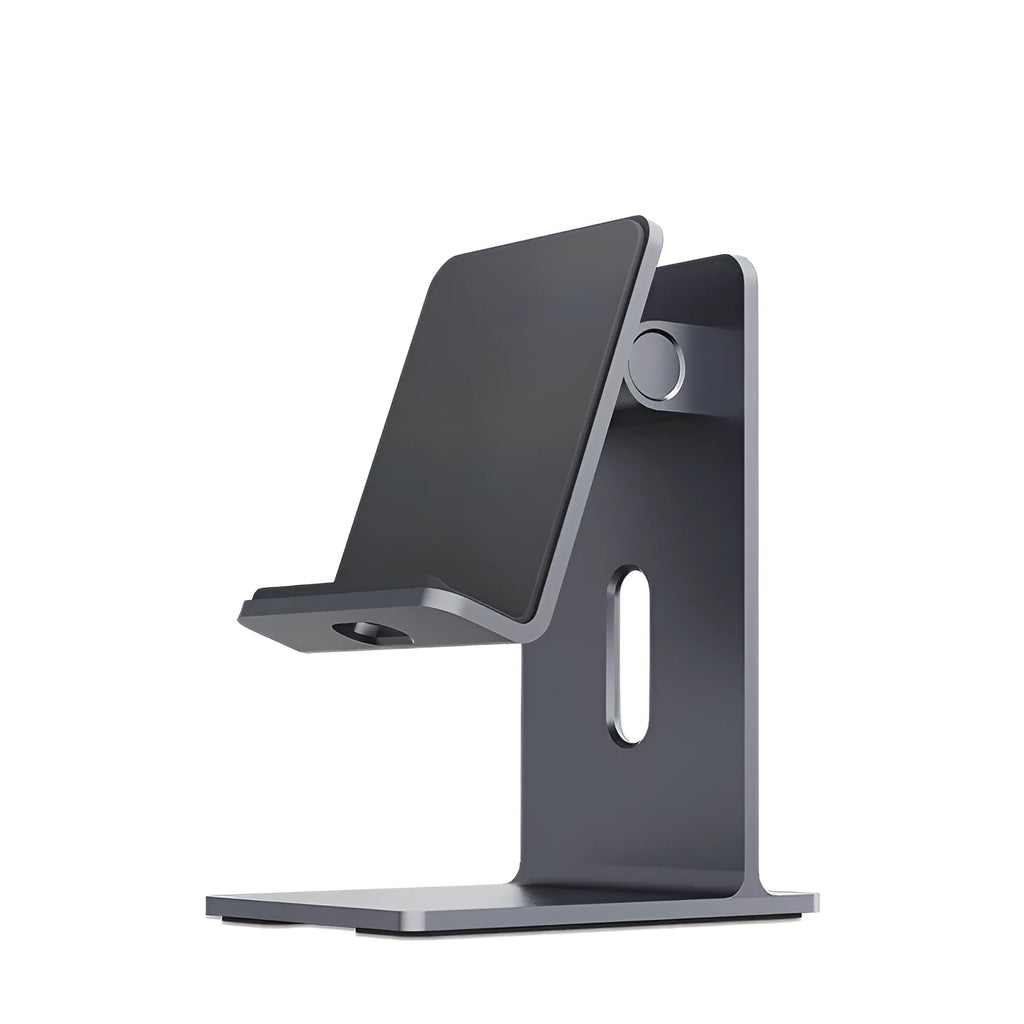 Dark space grey alloy lazy bracket mobile phone holder on a desktop