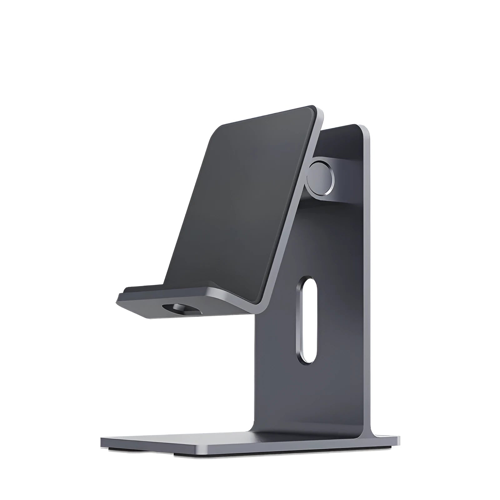 Dark space grey alloy lazy bracket mobile phone holder on a desktop