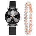Six women's square diamond rhinestone starry sky face casual watches with alloy straps and magnet buckles in rose gold, purple, black, red, brown, and blue