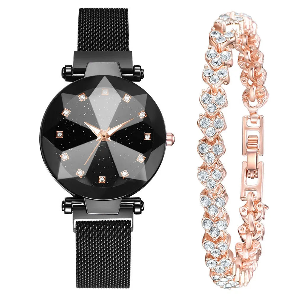 Six women's square diamond rhinestone starry sky face casual watches with alloy straps and magnet buckles in rose gold, purple, black, red, brown, and blue