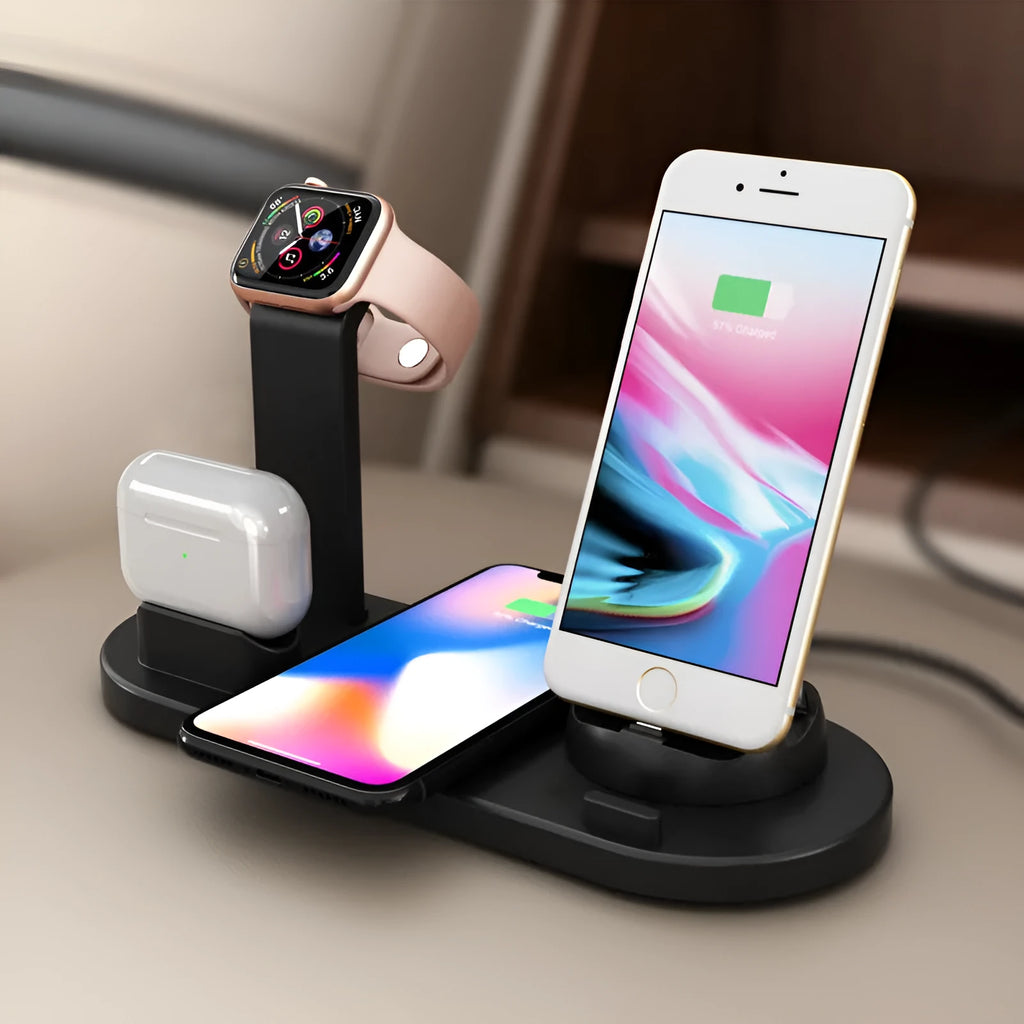 Three-in-one wireless charging station bracket for Apple Watch, AirPods and iPhone in black or white